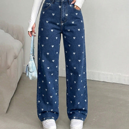 Pantalon large taille haute imprimé cœur