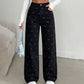 Pantalon large taille haute imprimé cœur
