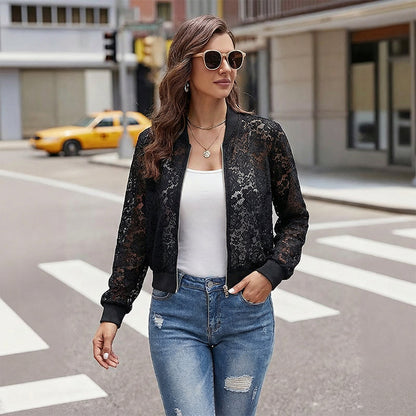 Veste légère à fermeture éclair en dentelle pour femme