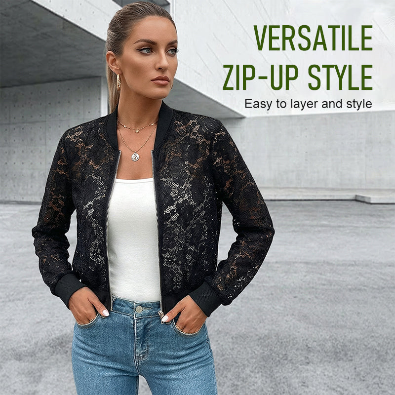 Veste légère à fermeture éclair en dentelle pour femme