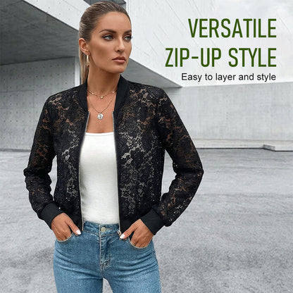 Veste légère à fermeture éclair en dentelle pour femme