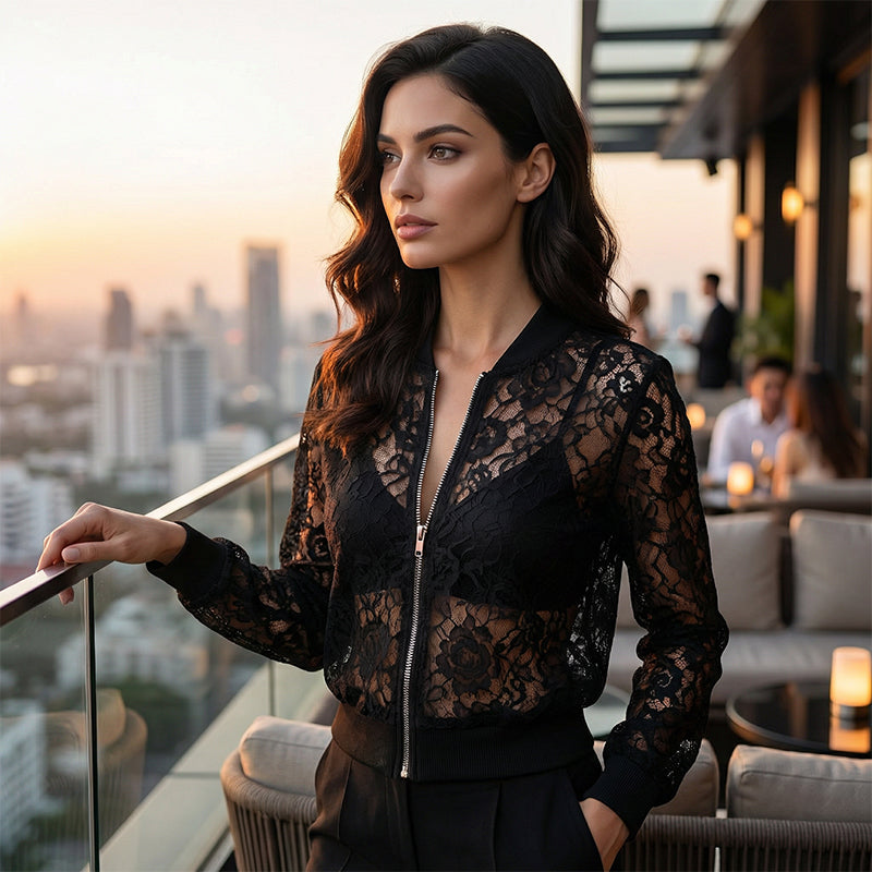 Veste légère à fermeture éclair en dentelle pour femme