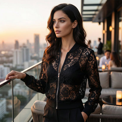 Veste légère à fermeture éclair en dentelle pour femme