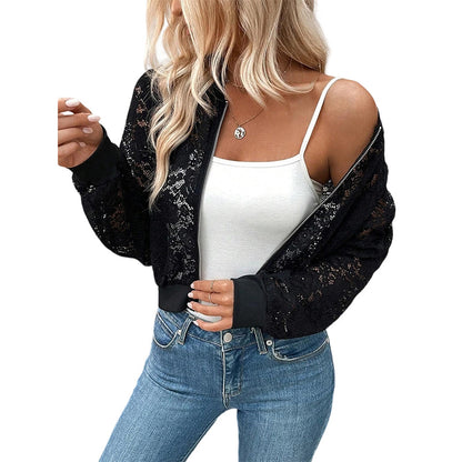 Veste légère à fermeture éclair en dentelle pour femme