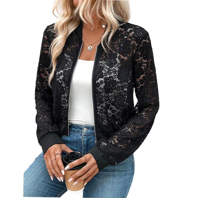 Veste légère à fermeture éclair en dentelle pour femme