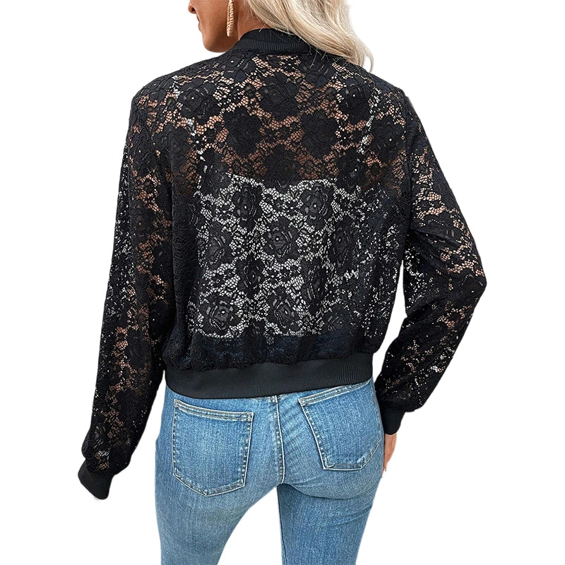 Veste légère à fermeture éclair en dentelle pour femme
