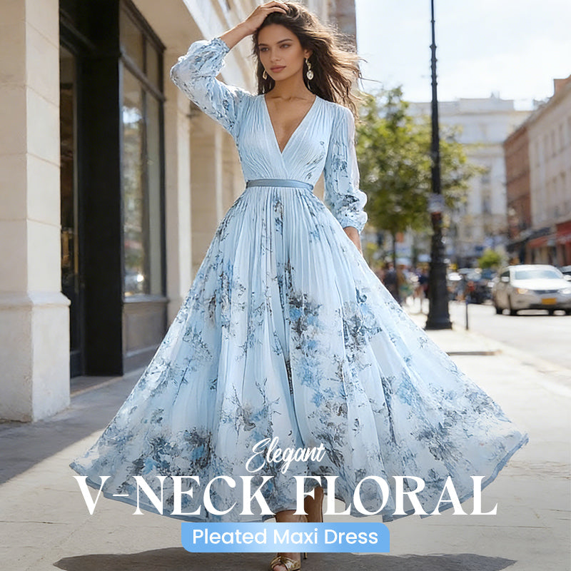Robe longue élégante plissée à col V avec motif floral