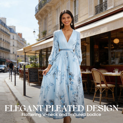 Robe longue élégante plissée à col V avec motif floral