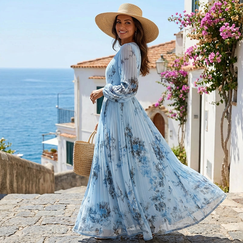 Robe longue élégante plissée à col V avec motif floral