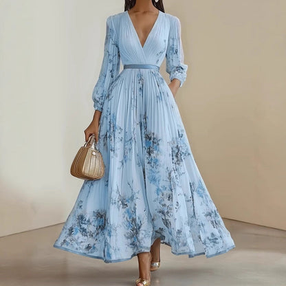 Robe longue élégante plissée à col V avec motif floral