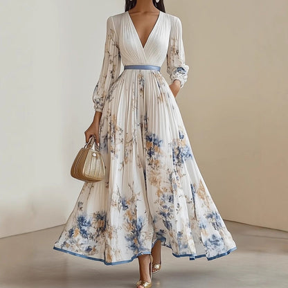 Robe longue élégante plissée à col V avec motif floral