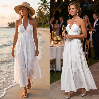 👗 60% DE RÉDUCTION! 🌸 Robe Maxi À Étages Col Licou Dos Nu – Fluide, Imprimé Tendance & Parfaite pour l'Été ☀️