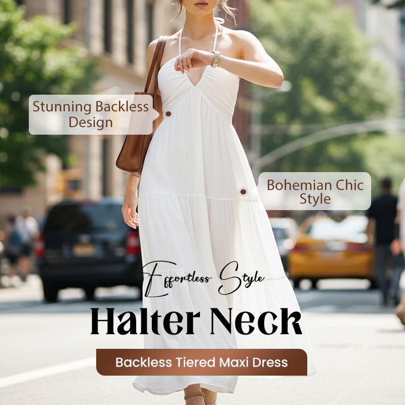 👗 60% DE RÉDUCTION! 🌸 Robe Maxi À Étages Col Licou Dos Nu – Fluide, Imprimé Tendance & Parfaite pour l'Été ☀️