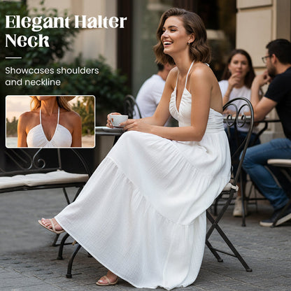 👗 60% DE RÉDUCTION! 🌸 Robe Maxi À Étages Col Licou Dos Nu – Fluide, Imprimé Tendance & Parfaite pour l'Été ☀️