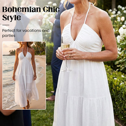 👗 60% DE RÉDUCTION! 🌸 Robe Maxi À Étages Col Licou Dos Nu – Fluide, Imprimé Tendance & Parfaite pour l'Été ☀️