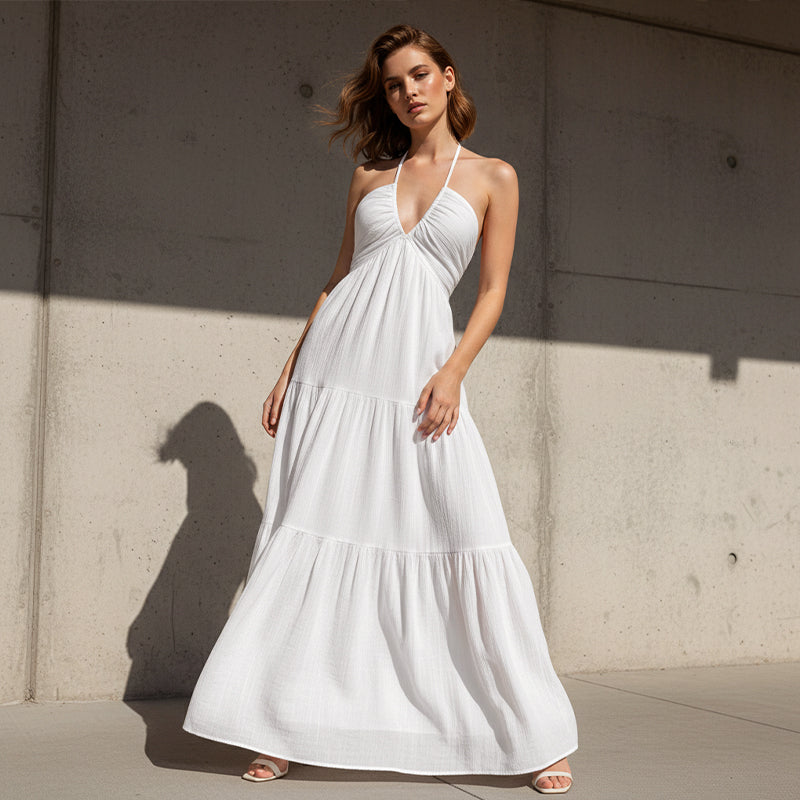 👗 60% DE RÉDUCTION! 🌸 Robe Maxi À Étages Col Licou Dos Nu – Fluide, Imprimé Tendance & Parfaite pour l'Été ☀️