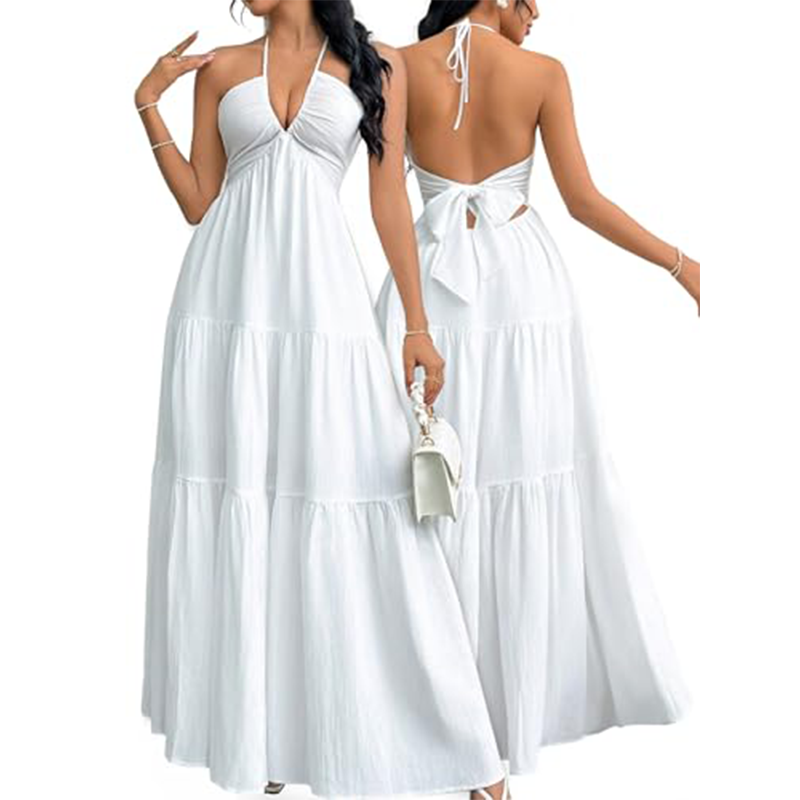 👗 60% DE RÉDUCTION! 🌸 Robe Maxi À Étages Col Licou Dos Nu – Fluide, Imprimé Tendance & Parfaite pour l'Été ☀️