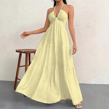 👗 60% DE RÉDUCTION! 🌸 Robe Maxi À Étages Col Licou Dos Nu – Fluide, Imprimé Tendance & Parfaite pour l'Été ☀️