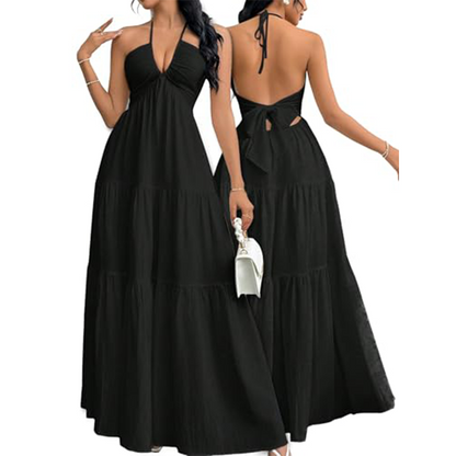 👗 60% DE RÉDUCTION! 🌸 Robe Maxi À Étages Col Licou Dos Nu – Fluide, Imprimé Tendance & Parfaite pour l'Été ☀️