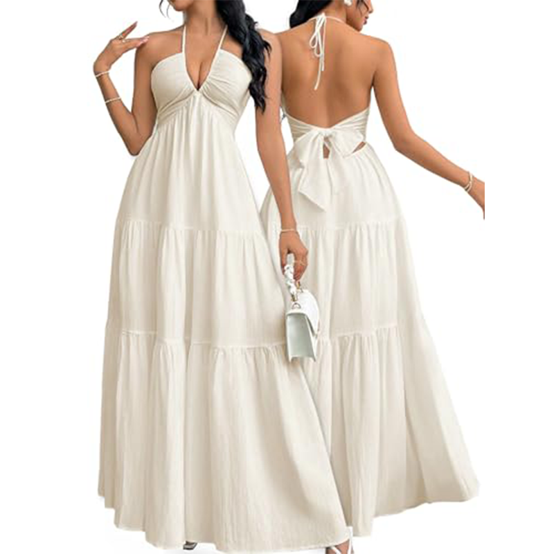 👗 60% DE RÉDUCTION! 🌸 Robe Maxi À Étages Col Licou Dos Nu – Fluide, Imprimé Tendance & Parfaite pour l'Été ☀️