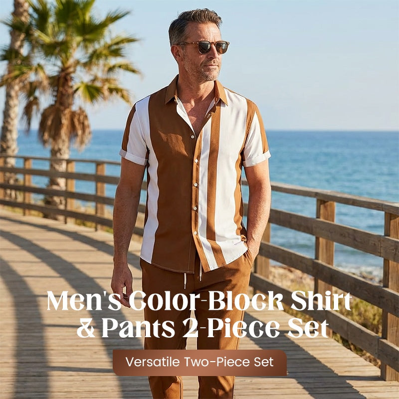 💎 50% DE RÉDUCTION ! 💎 Ensemble Chemise & Pantalon Color Block pour Homme – Coupe Décontractée, Polyester Respirant & Design Moderne