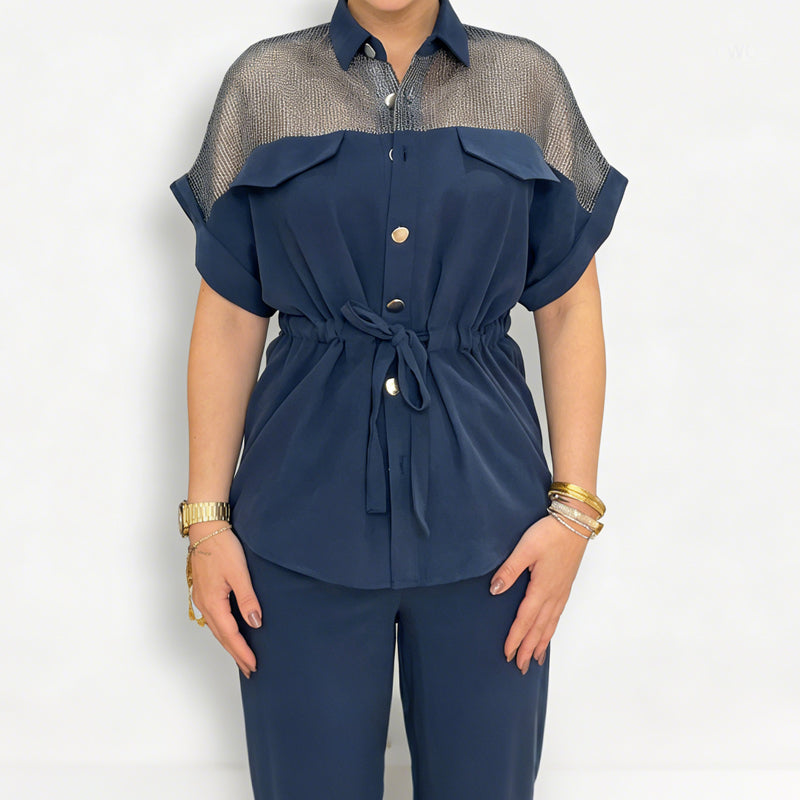 Ensemble 2 pièces pour femme : haut et pantalon en maille patchwork