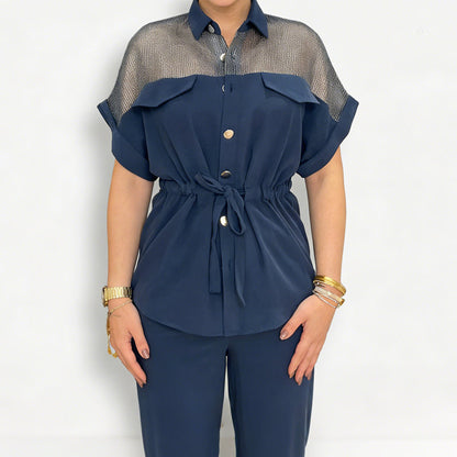 Ensemble 2 pièces pour femme : haut et pantalon en maille patchwork