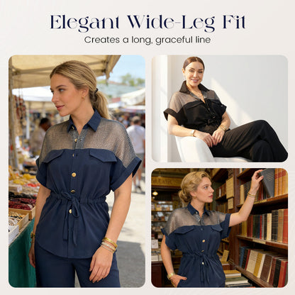 Ensemble 2 pièces pour femme : haut et pantalon en maille patchwork