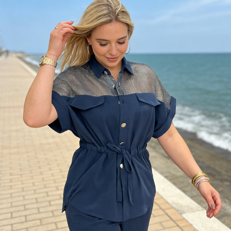 Ensemble 2 pièces pour femme : haut et pantalon en maille patchwork