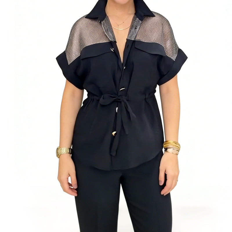 Ensemble 2 pièces pour femme : haut et pantalon en maille patchwork