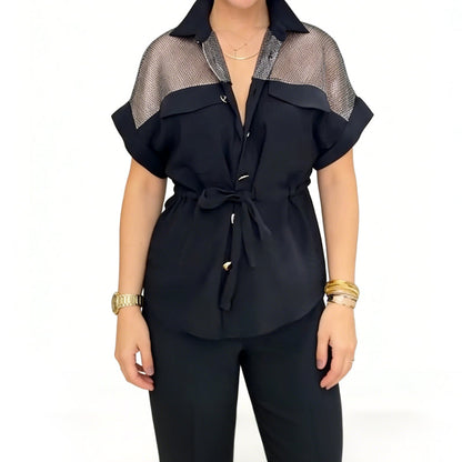 Ensemble 2 pièces pour femme : haut et pantalon en maille patchwork