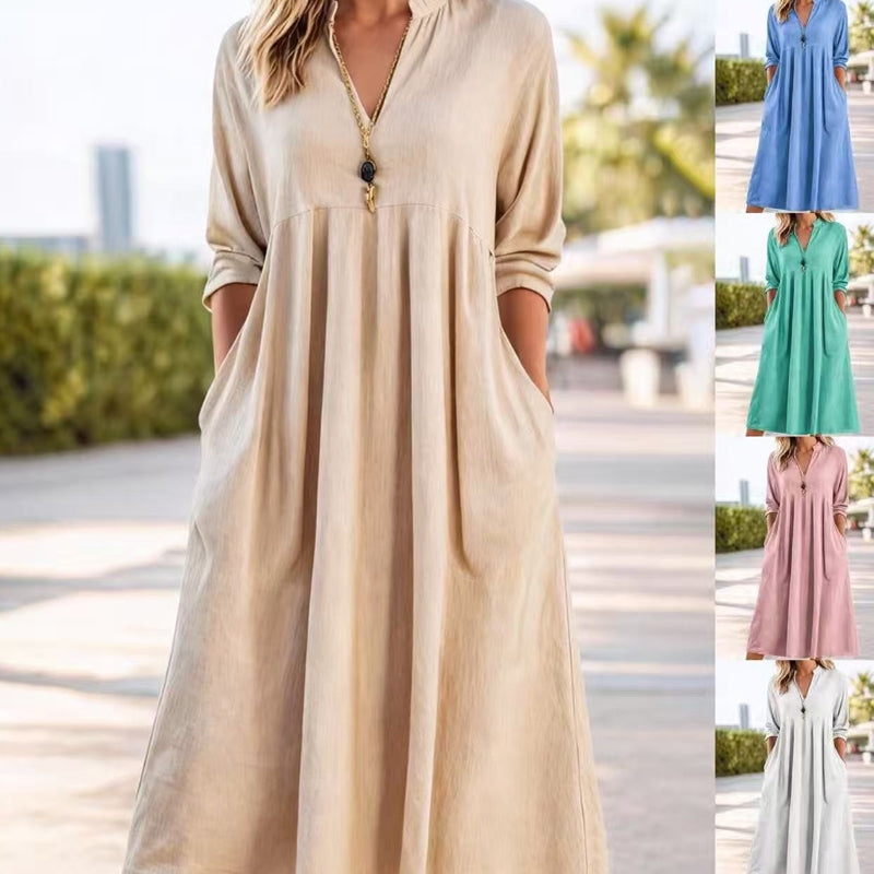 💎 60% DE RÉDUCTION ! 💎 Robe Midi Casual Femme Col V – Poches Pratiques, Tissu Respirant & Coupe Empire Flattante 🌸✨