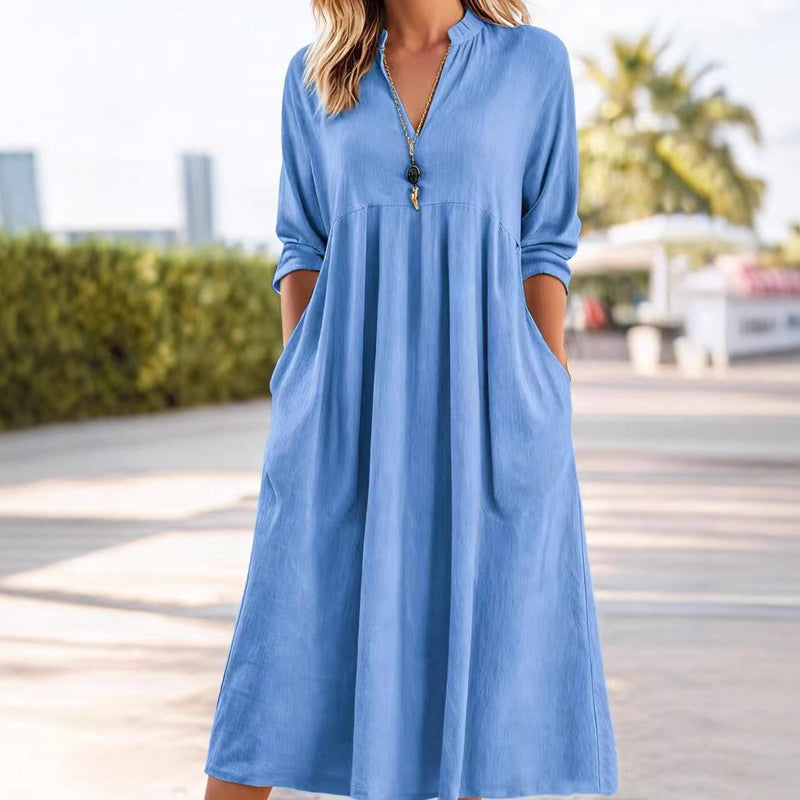 💎 60% DE RÉDUCTION ! 💎 Robe Midi Casual Femme Col V – Poches Pratiques, Tissu Respirant & Coupe Empire Flattante 🌸✨