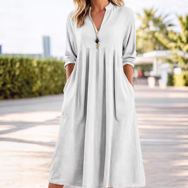 💎 60% DE RÉDUCTION ! 💎 Robe Midi Casual Femme Col V – Poches Pratiques, Tissu Respirant & Coupe Empire Flattante 🌸✨