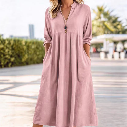 💎 60% DE RÉDUCTION ! 💎 Robe Midi Casual Femme Col V – Poches Pratiques, Tissu Respirant & Coupe Empire Flattante 🌸✨