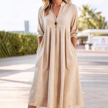 💎 60% DE RÉDUCTION ! 💎 Robe Midi Casual Femme Col V – Poches Pratiques, Tissu Respirant & Coupe Empire Flattante 🌸✨