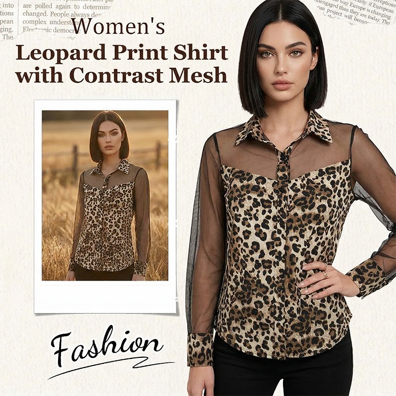 💎 50% DE RÉDUCTION ! 💎 Chemise Femme Léopard & Tulle – Manches Longues, Coupe Flatteuse & Style Rétro Moderne