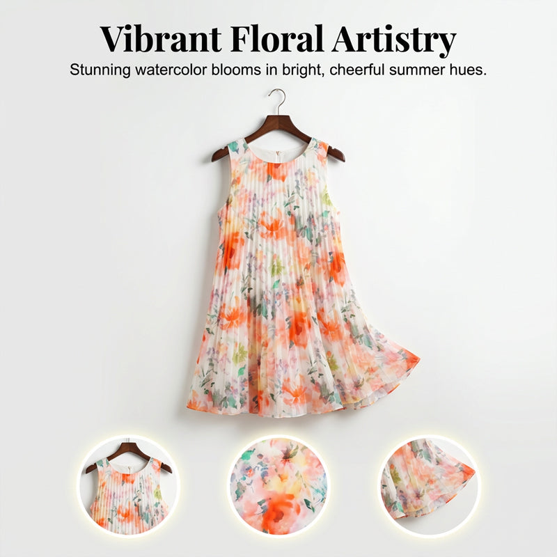 Robe plissée sans manches à imprimé floral pour femme