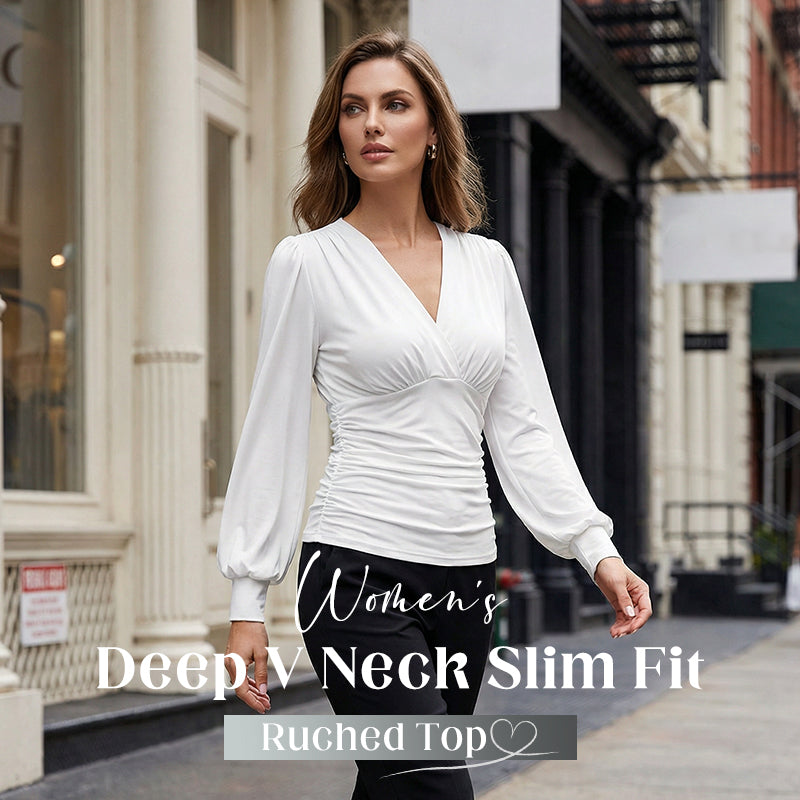 Haut froncé à col en V profond, coupe slim pour femme