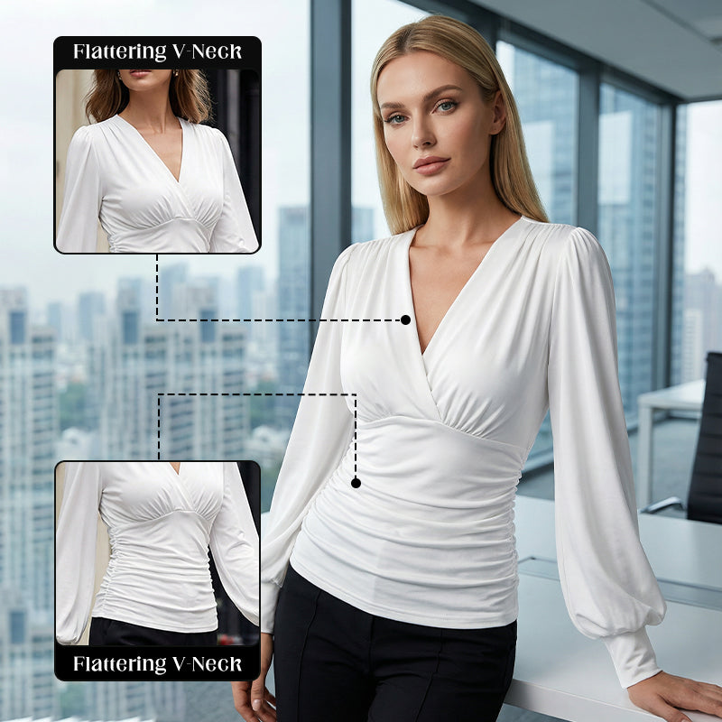 Haut froncé à col en V profond, coupe slim pour femme