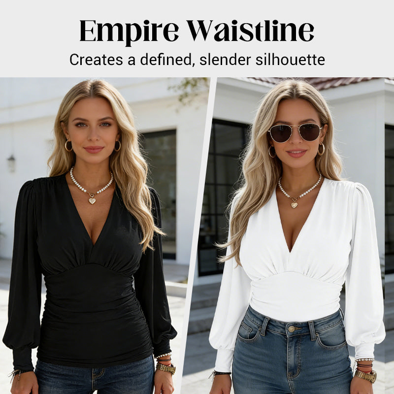 Haut froncé à col en V profond, coupe slim pour femme