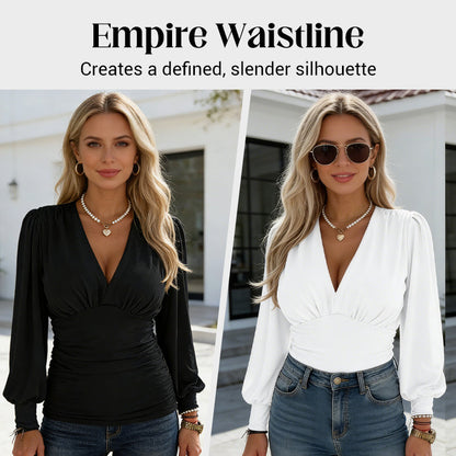 Haut froncé à col en V profond, coupe slim pour femme