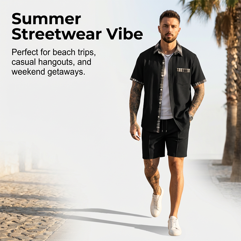 Ensemble 2 pièces pour homme : haut à manches courtes et short à cordon