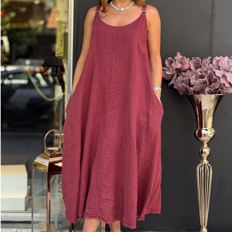 Robe caraco en coton et lin pour femmes avec poches