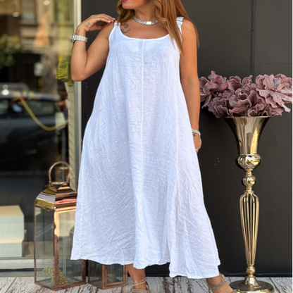 Robe caraco en coton et lin pour femmes avec poches