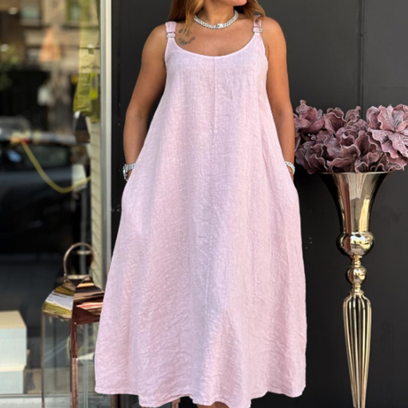 Robe caraco en coton et lin pour femmes avec poches