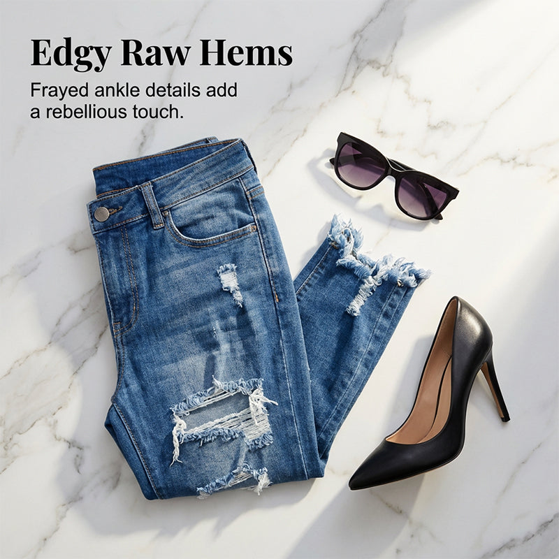 Jean skinny taille haute femme effet usé déchiré