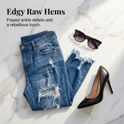 Jean skinny taille haute femme effet usé déchiré
