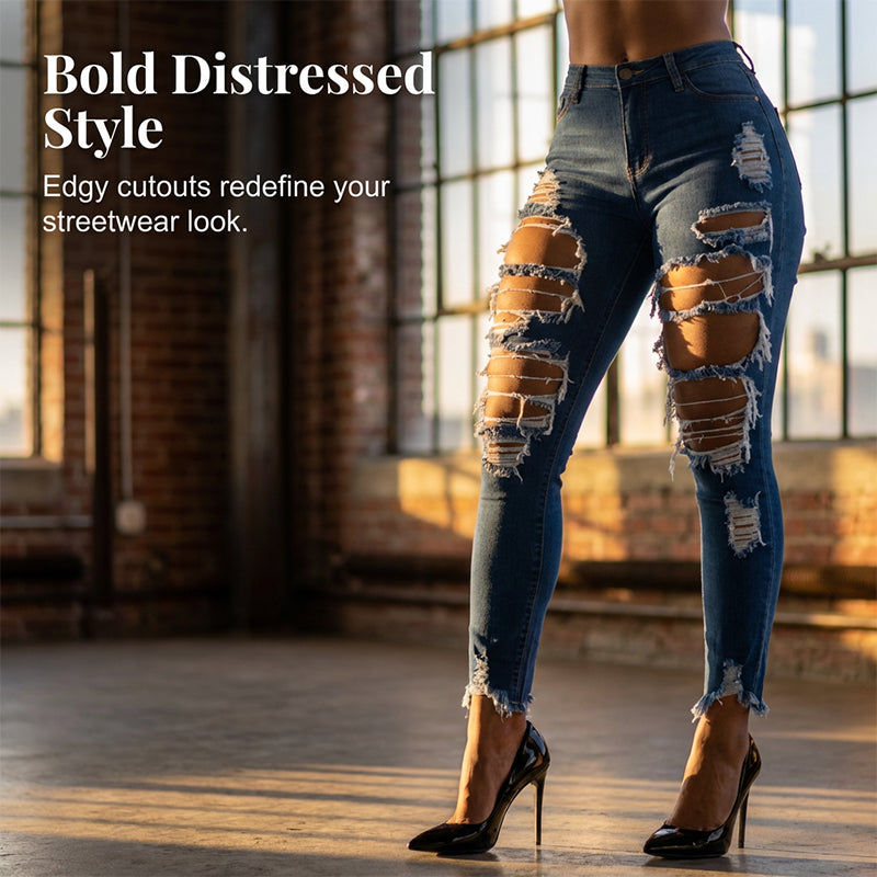 Jean skinny taille haute femme effet usé déchiré