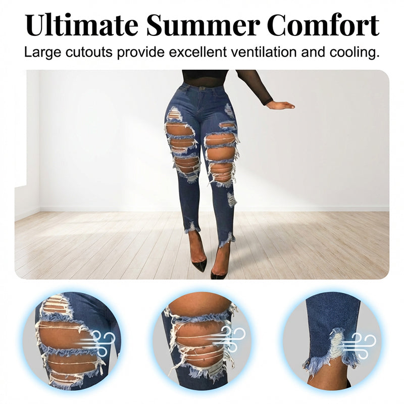 Jean skinny taille haute femme effet usé déchiré